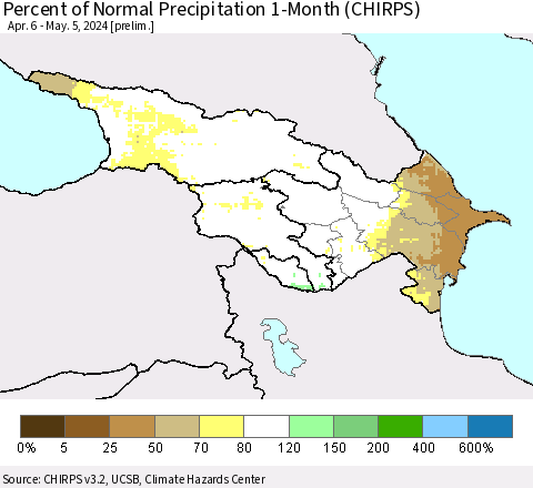 Azerbaijan, Armenia and Georgia Percent of Normal Precipitation 1-Month (CHIRPS) Thematic Map For 4/6/2024 - 5/5/2024