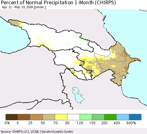 Azerbaijan, Armenia and Georgia Percent of Normal Precipitation 1-Month (CHIRPS) Thematic Map For 4/11/2024 - 5/10/2024