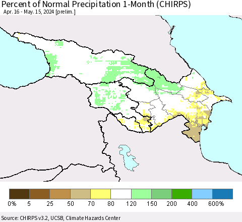Azerbaijan, Armenia and Georgia Percent of Normal Precipitation 1-Month (CHIRPS) Thematic Map For 4/16/2024 - 5/15/2024