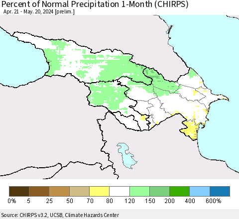 Azerbaijan, Armenia and Georgia Percent of Normal Precipitation 1-Month (CHIRPS) Thematic Map For 4/21/2024 - 5/20/2024