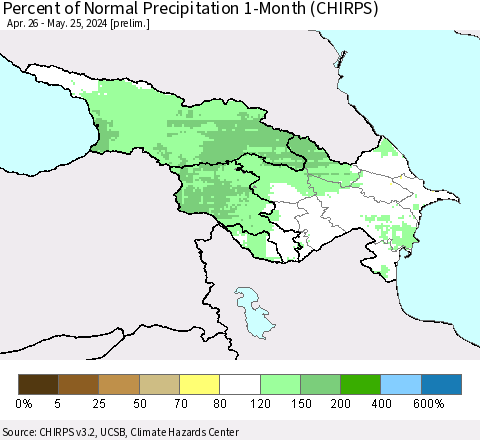 Azerbaijan, Armenia and Georgia Percent of Normal Precipitation 1-Month (CHIRPS) Thematic Map For 4/26/2024 - 5/25/2024