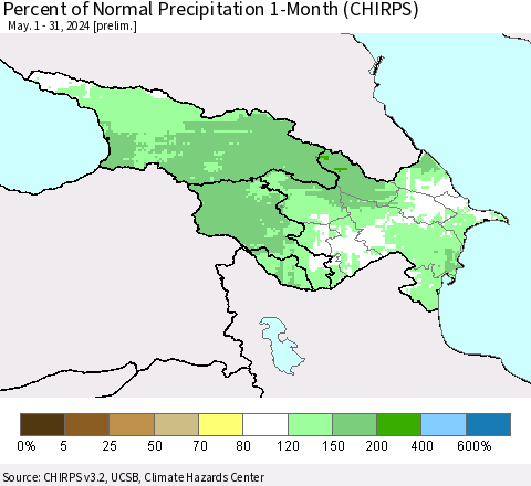 Azerbaijan, Armenia and Georgia Percent of Normal Precipitation 1-Month (CHIRPS) Thematic Map For 5/1/2024 - 5/31/2024