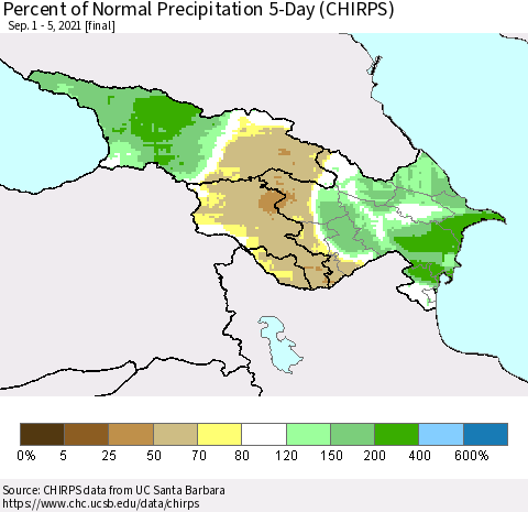 Azerbaijan, Armenia and Georgia Percent of Normal Precipitation 5-Day (CHIRPS) Thematic Map For 9/1/2021 - 9/5/2021