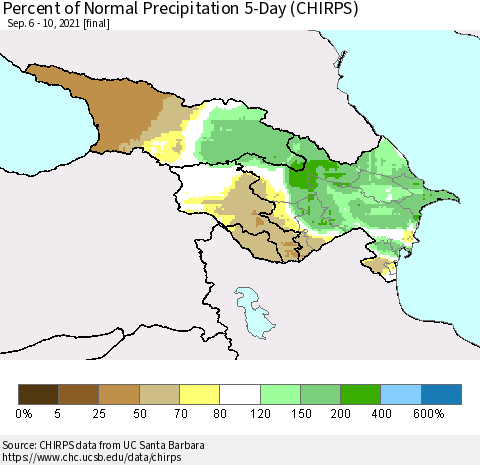 Azerbaijan, Armenia and Georgia Percent of Normal Precipitation 5-Day (CHIRPS) Thematic Map For 9/6/2021 - 9/10/2021