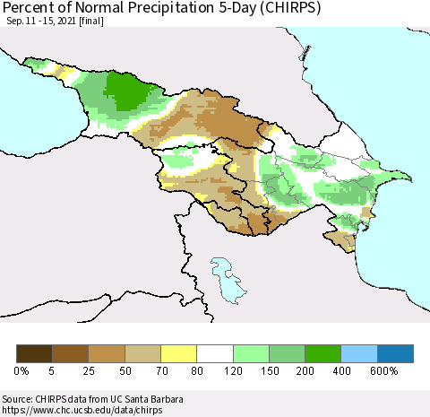 Azerbaijan, Armenia and Georgia Percent of Normal Precipitation 5-Day (CHIRPS) Thematic Map For 9/11/2021 - 9/15/2021