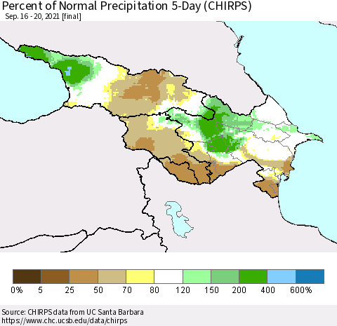 Azerbaijan, Armenia and Georgia Percent of Normal Precipitation 5-Day (CHIRPS) Thematic Map For 9/16/2021 - 9/20/2021