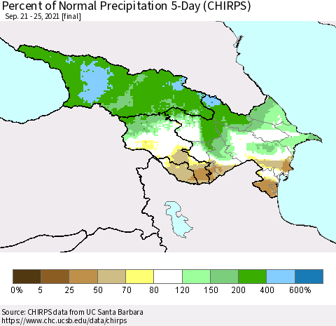 Azerbaijan, Armenia and Georgia Percent of Normal Precipitation 5-Day (CHIRPS) Thematic Map For 9/21/2021 - 9/25/2021