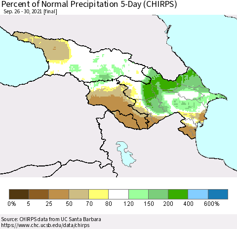 Azerbaijan, Armenia and Georgia Percent of Normal Precipitation 5-Day (CHIRPS) Thematic Map For 9/26/2021 - 9/30/2021