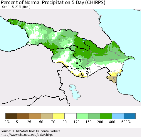 Azerbaijan, Armenia and Georgia Percent of Normal Precipitation 5-Day (CHIRPS) Thematic Map For 10/1/2021 - 10/5/2021