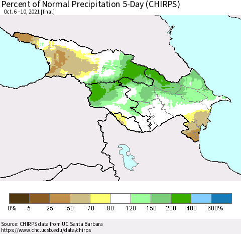 Azerbaijan, Armenia and Georgia Percent of Normal Precipitation 5-Day (CHIRPS) Thematic Map For 10/6/2021 - 10/10/2021