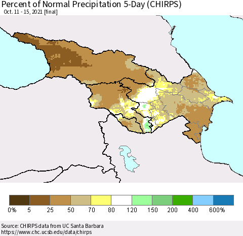 Azerbaijan, Armenia and Georgia Percent of Normal Precipitation 5-Day (CHIRPS) Thematic Map For 10/11/2021 - 10/15/2021