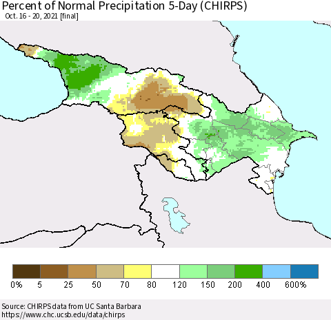 Azerbaijan, Armenia and Georgia Percent of Normal Precipitation 5-Day (CHIRPS) Thematic Map For 10/16/2021 - 10/20/2021