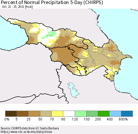 Azerbaijan, Armenia and Georgia Percent of Normal Precipitation 5-Day (CHIRPS) Thematic Map For 10/21/2021 - 10/25/2021