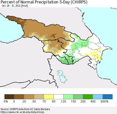 Azerbaijan, Armenia and Georgia Percent of Normal Precipitation 5-Day (CHIRPS) Thematic Map For 10/26/2021 - 10/31/2021