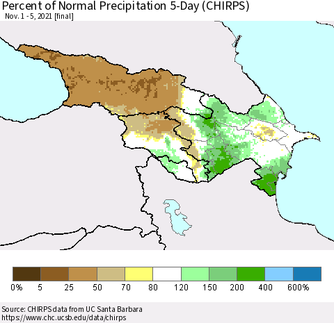 Azerbaijan, Armenia and Georgia Percent of Normal Precipitation 5-Day (CHIRPS) Thematic Map For 11/1/2021 - 11/5/2021