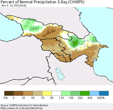 Azerbaijan, Armenia and Georgia Percent of Normal Precipitation 5-Day (CHIRPS) Thematic Map For 11/6/2021 - 11/10/2021