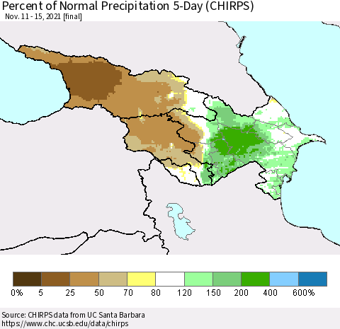 Azerbaijan, Armenia and Georgia Percent of Normal Precipitation 5-Day (CHIRPS) Thematic Map For 11/11/2021 - 11/15/2021