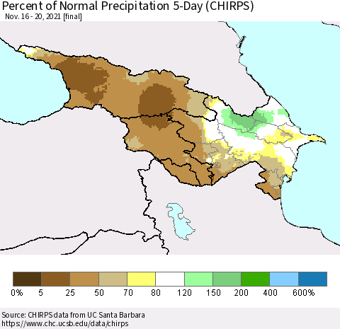 Azerbaijan, Armenia and Georgia Percent of Normal Precipitation 5-Day (CHIRPS) Thematic Map For 11/16/2021 - 11/20/2021