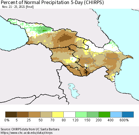 Azerbaijan, Armenia and Georgia Percent of Normal Precipitation 5-Day (CHIRPS) Thematic Map For 11/21/2021 - 11/25/2021