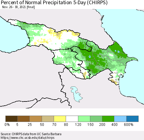 Azerbaijan, Armenia and Georgia Percent of Normal Precipitation 5-Day (CHIRPS) Thematic Map For 11/26/2021 - 11/30/2021