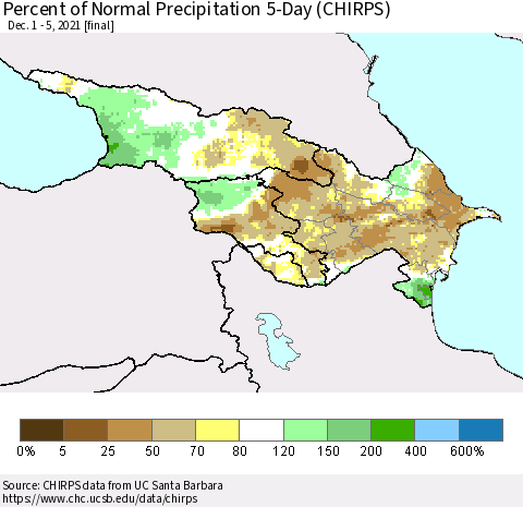 Azerbaijan, Armenia and Georgia Percent of Normal Precipitation 5-Day (CHIRPS) Thematic Map For 12/1/2021 - 12/5/2021