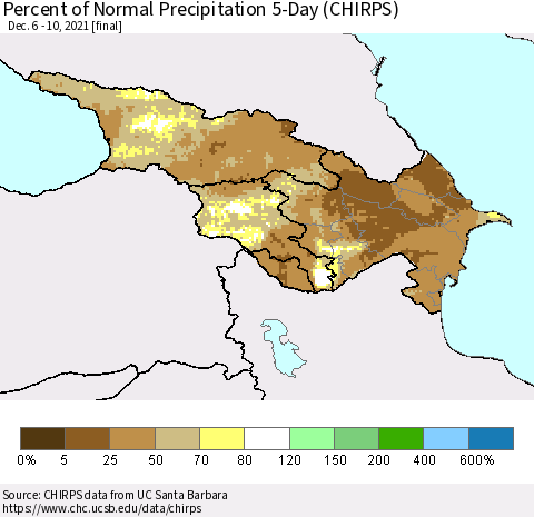 Azerbaijan, Armenia and Georgia Percent of Normal Precipitation 5-Day (CHIRPS) Thematic Map For 12/6/2021 - 12/10/2021