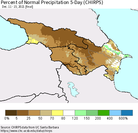 Azerbaijan, Armenia and Georgia Percent of Normal Precipitation 5-Day (CHIRPS) Thematic Map For 12/11/2021 - 12/15/2021