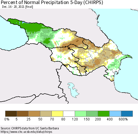 Azerbaijan, Armenia and Georgia Percent of Normal Precipitation 5-Day (CHIRPS) Thematic Map For 12/16/2021 - 12/20/2021