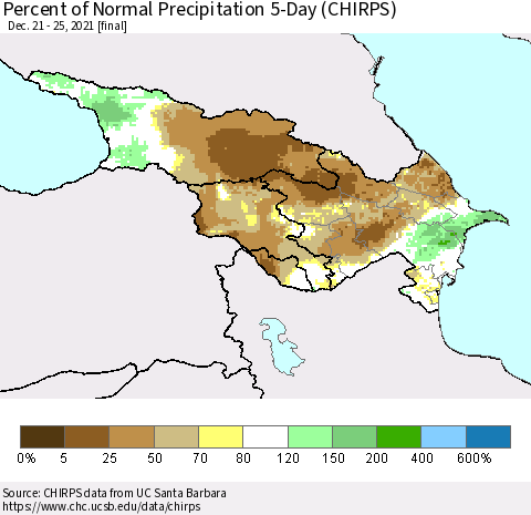 Azerbaijan, Armenia and Georgia Percent of Normal Precipitation 5-Day (CHIRPS) Thematic Map For 12/21/2021 - 12/25/2021