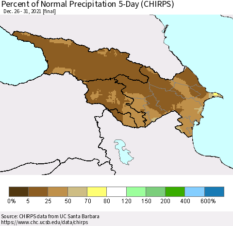 Azerbaijan, Armenia and Georgia Percent of Normal Precipitation 5-Day (CHIRPS) Thematic Map For 12/26/2021 - 12/31/2021