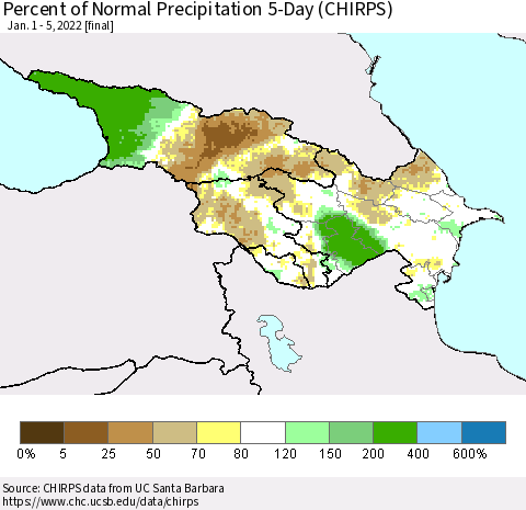 Azerbaijan, Armenia and Georgia Percent of Normal Precipitation 5-Day (CHIRPS) Thematic Map For 1/1/2022 - 1/5/2022