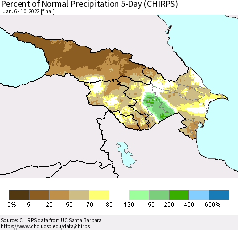 Azerbaijan, Armenia and Georgia Percent of Normal Precipitation 5-Day (CHIRPS) Thematic Map For 1/6/2022 - 1/10/2022