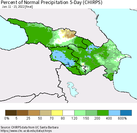 Azerbaijan, Armenia and Georgia Percent of Normal Precipitation 5-Day (CHIRPS) Thematic Map For 1/11/2022 - 1/15/2022
