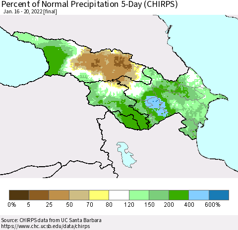 Azerbaijan, Armenia and Georgia Percent of Normal Precipitation 5-Day (CHIRPS) Thematic Map For 1/16/2022 - 1/20/2022