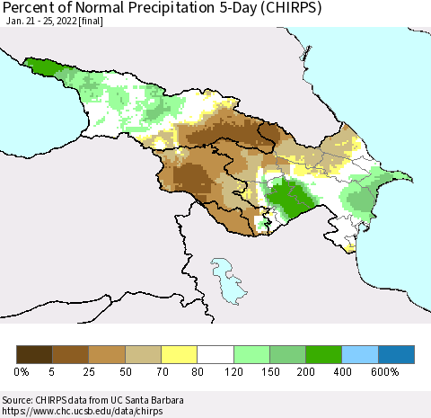 Azerbaijan, Armenia and Georgia Percent of Normal Precipitation 5-Day (CHIRPS) Thematic Map For 1/21/2022 - 1/25/2022