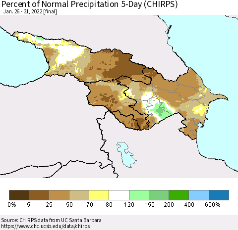 Azerbaijan, Armenia and Georgia Percent of Normal Precipitation 5-Day (CHIRPS) Thematic Map For 1/26/2022 - 1/31/2022