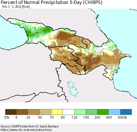 Azerbaijan, Armenia and Georgia Percent of Normal Precipitation 5-Day (CHIRPS) Thematic Map For 2/1/2022 - 2/5/2022