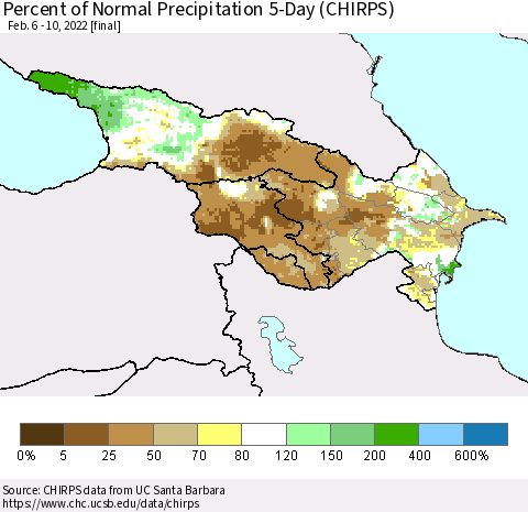 Azerbaijan, Armenia and Georgia Percent of Normal Precipitation 5-Day (CHIRPS) Thematic Map For 2/6/2022 - 2/10/2022