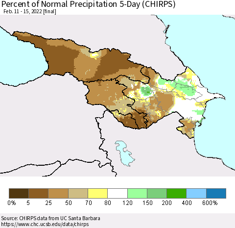 Azerbaijan, Armenia and Georgia Percent of Normal Precipitation 5-Day (CHIRPS) Thematic Map For 2/11/2022 - 2/15/2022