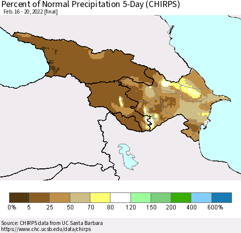 Azerbaijan, Armenia and Georgia Percent of Normal Precipitation 5-Day (CHIRPS) Thematic Map For 2/16/2022 - 2/20/2022