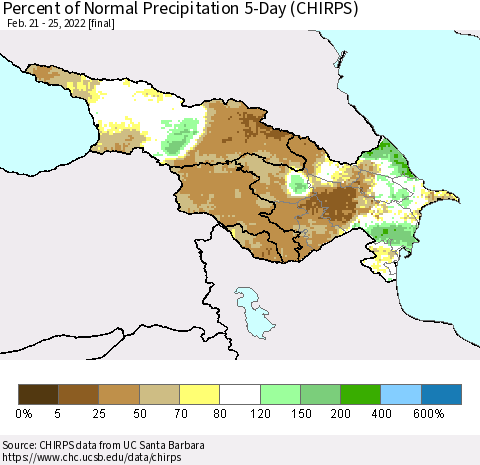 Azerbaijan, Armenia and Georgia Percent of Normal Precipitation 5-Day (CHIRPS) Thematic Map For 2/21/2022 - 2/25/2022