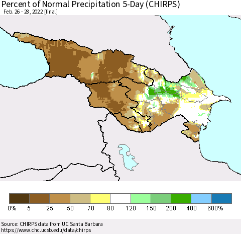 Azerbaijan, Armenia and Georgia Percent of Normal Precipitation 5-Day (CHIRPS) Thematic Map For 2/26/2022 - 2/28/2022