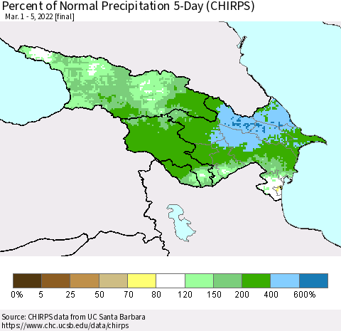Azerbaijan, Armenia and Georgia Percent of Normal Precipitation 5-Day (CHIRPS) Thematic Map For 3/1/2022 - 3/5/2022