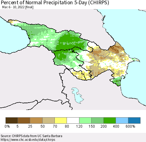 Azerbaijan, Armenia and Georgia Percent of Normal Precipitation 5-Day (CHIRPS) Thematic Map For 3/6/2022 - 3/10/2022