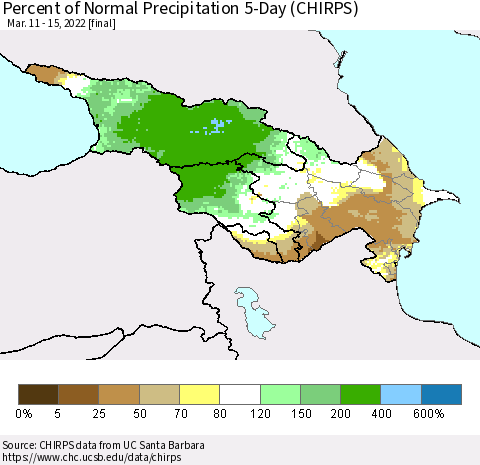 Azerbaijan, Armenia and Georgia Percent of Normal Precipitation 5-Day (CHIRPS) Thematic Map For 3/11/2022 - 3/15/2022