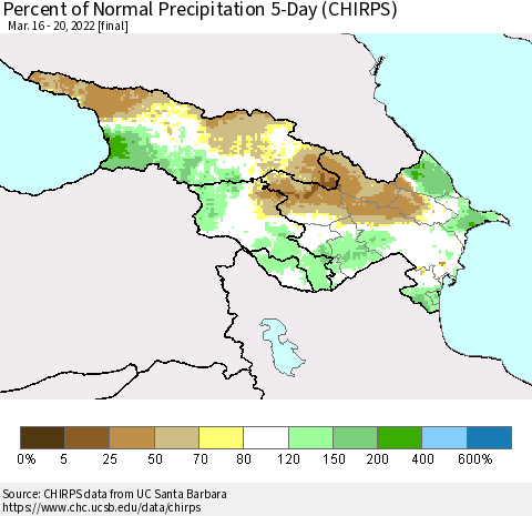 Azerbaijan, Armenia and Georgia Percent of Normal Precipitation 5-Day (CHIRPS) Thematic Map For 3/16/2022 - 3/20/2022
