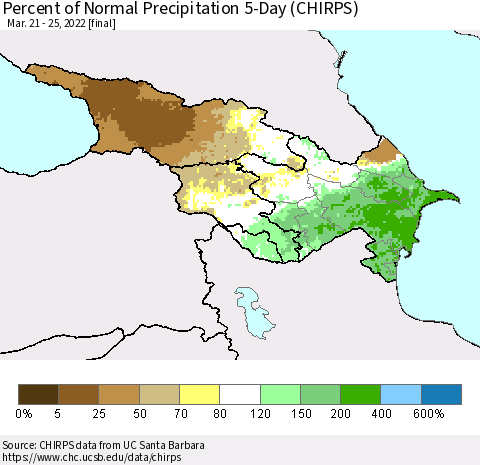 Azerbaijan, Armenia and Georgia Percent of Normal Precipitation 5-Day (CHIRPS) Thematic Map For 3/21/2022 - 3/25/2022