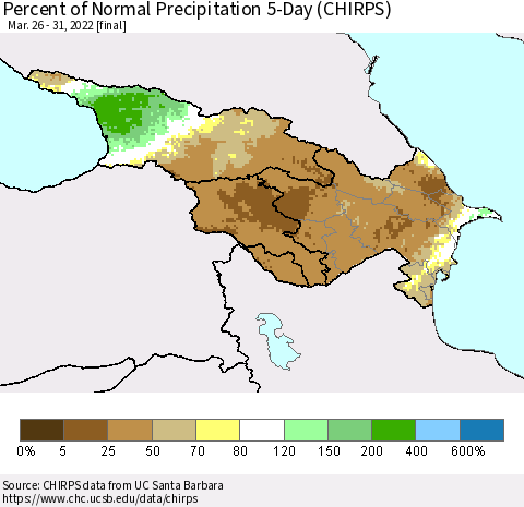 Azerbaijan, Armenia and Georgia Percent of Normal Precipitation 5-Day (CHIRPS) Thematic Map For 3/26/2022 - 3/31/2022