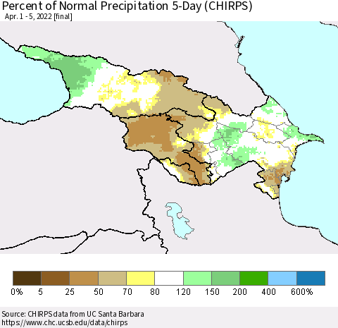 Azerbaijan, Armenia and Georgia Percent of Normal Precipitation 5-Day (CHIRPS) Thematic Map For 4/1/2022 - 4/5/2022