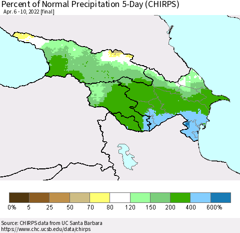 Azerbaijan, Armenia and Georgia Percent of Normal Precipitation 5-Day (CHIRPS) Thematic Map For 4/6/2022 - 4/10/2022